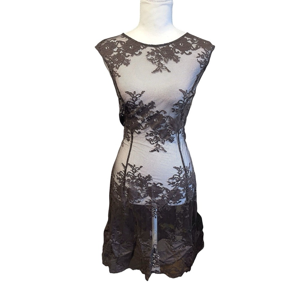 NWT Vintage Kay Unger Chocolate Brown Sheer Mesh Lace Dress Y2k Dark Romantic 10